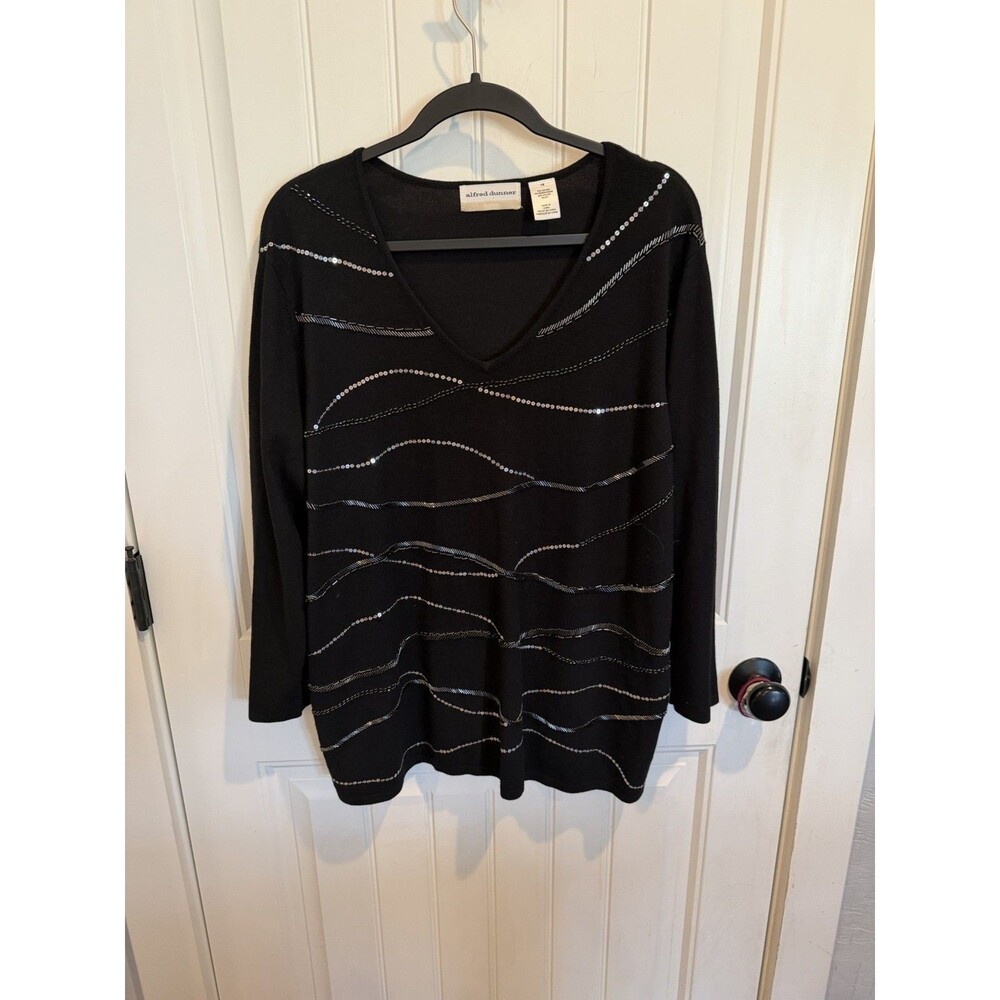 Alfred Dunner Sweater Womens 1X Black Beaded Sequin V Neck Long Sleeve Plus Size